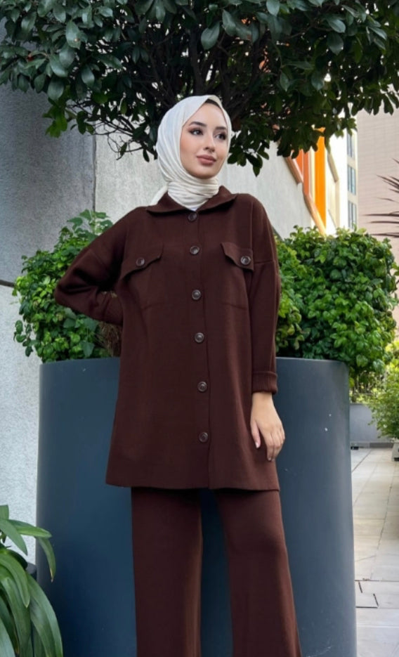 Button Knitwear Suit Brown - Düğmeli Triko Takım Brown