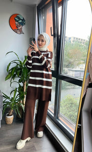 Striped Knitwear Suit Brown - Çizgili Triko Takım Kahverengi